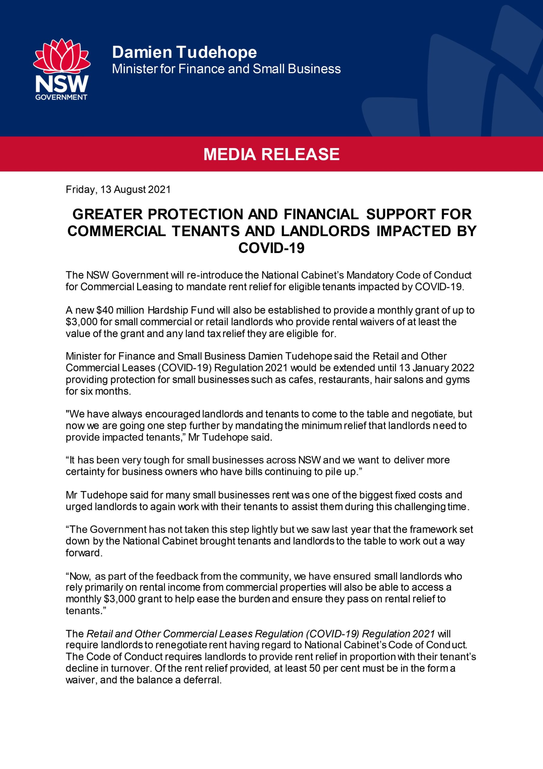 GREATER PROTECTION AND FINANCIAL SUPPORT FOR COMMERCIAL TENANTS AND LANDLORDS IMPACTED BY COVID-19