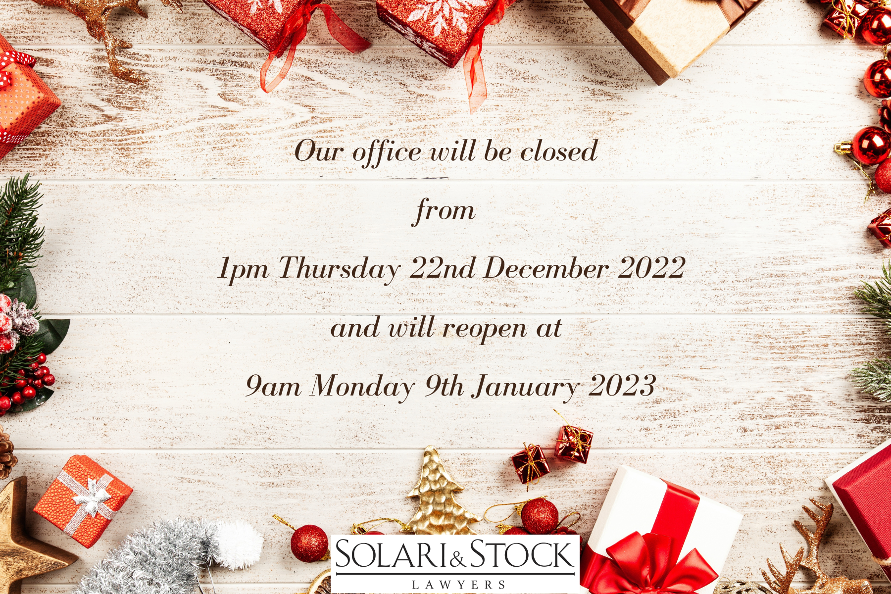 Solari and Stock Christmas office closure